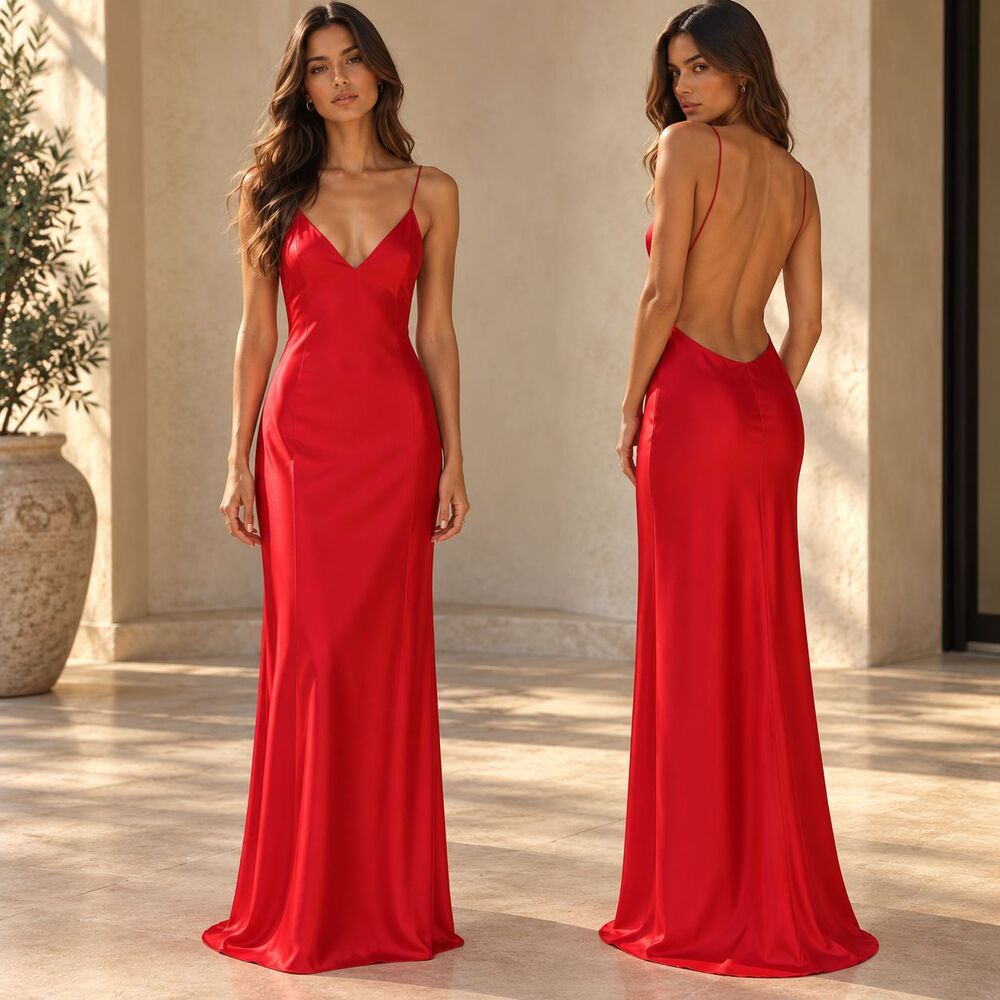 Zara Red Satin Backless Maxi Dress Womens L Strappy Slip Gown Viral Influencer